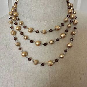 Faux pearl and brown crystal long necklace